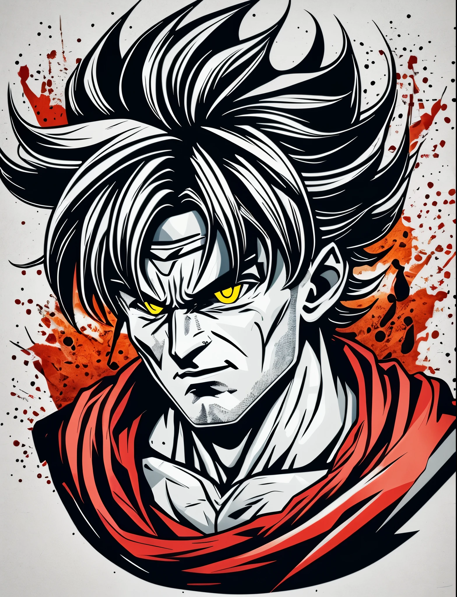 an ultra detailed illustration of vector t shirt design features Goku from dragon ball z, super Saiyan, full of rage, gothic style, dark fantasy, evil splash, hyper detailed, 32k resolution, white background --auto --s2