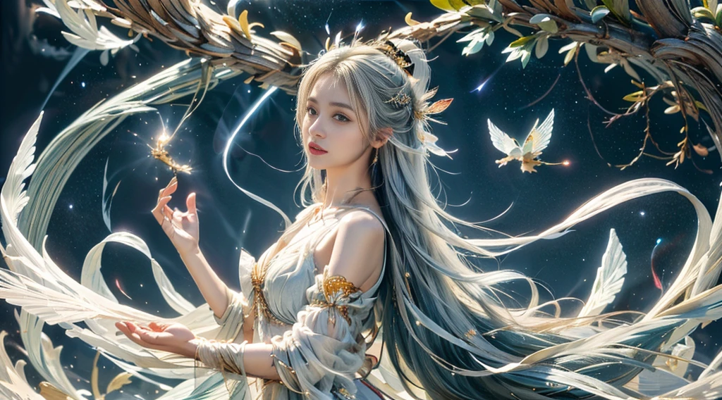 A fairy,satin gauze gown,Fringed Hair Ornament,Long white hair,Big chest,Charming side face,fly,A night sky with stars