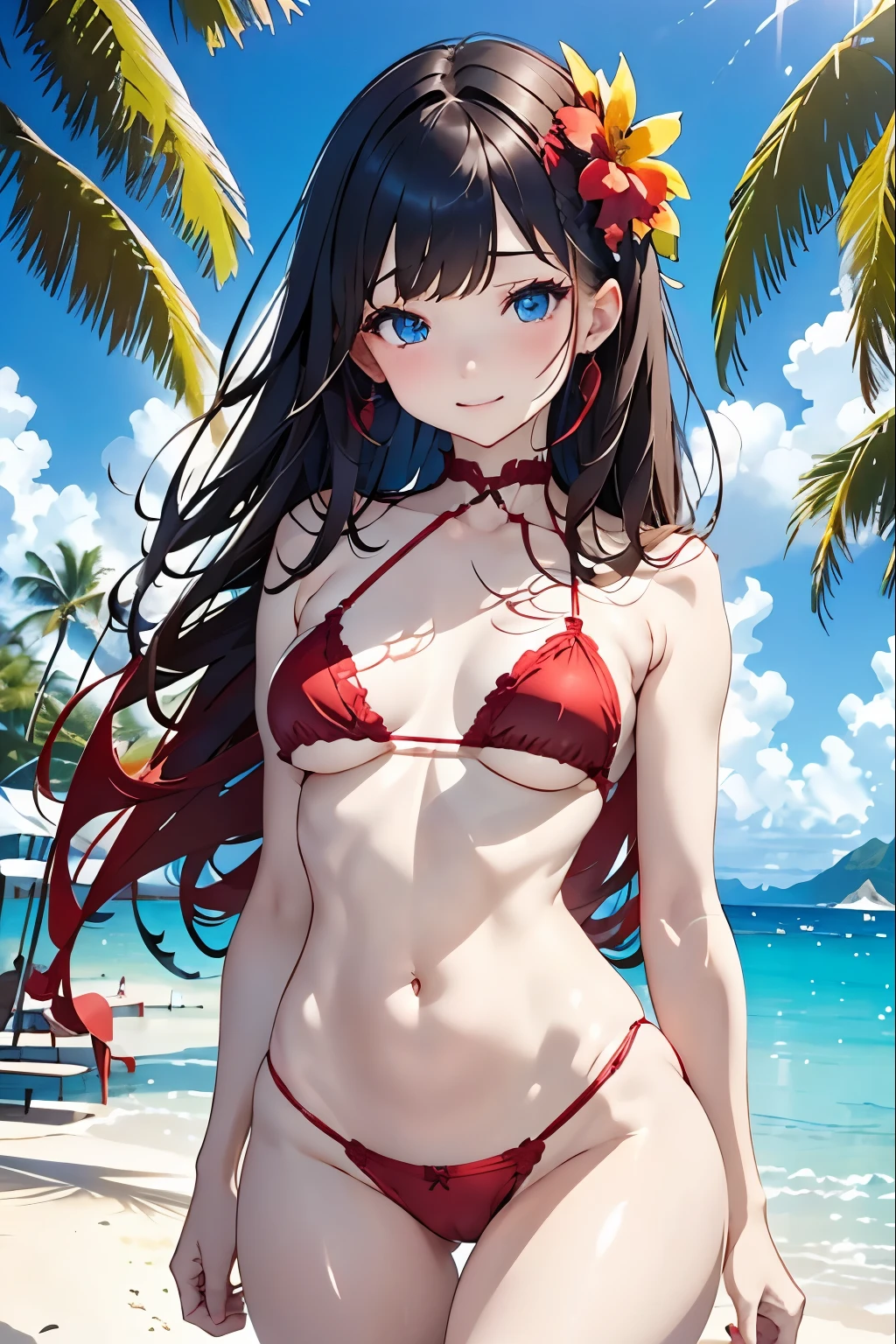 one girls、parfect anatomy、small tits、A dark-haired、Smiling、Realistic people、ultra-detailliert、red bikini、Floral hair ornament、Blurred background、South Island、Palm trees、White sandy beach、blue sea、blue open sky、white clouds