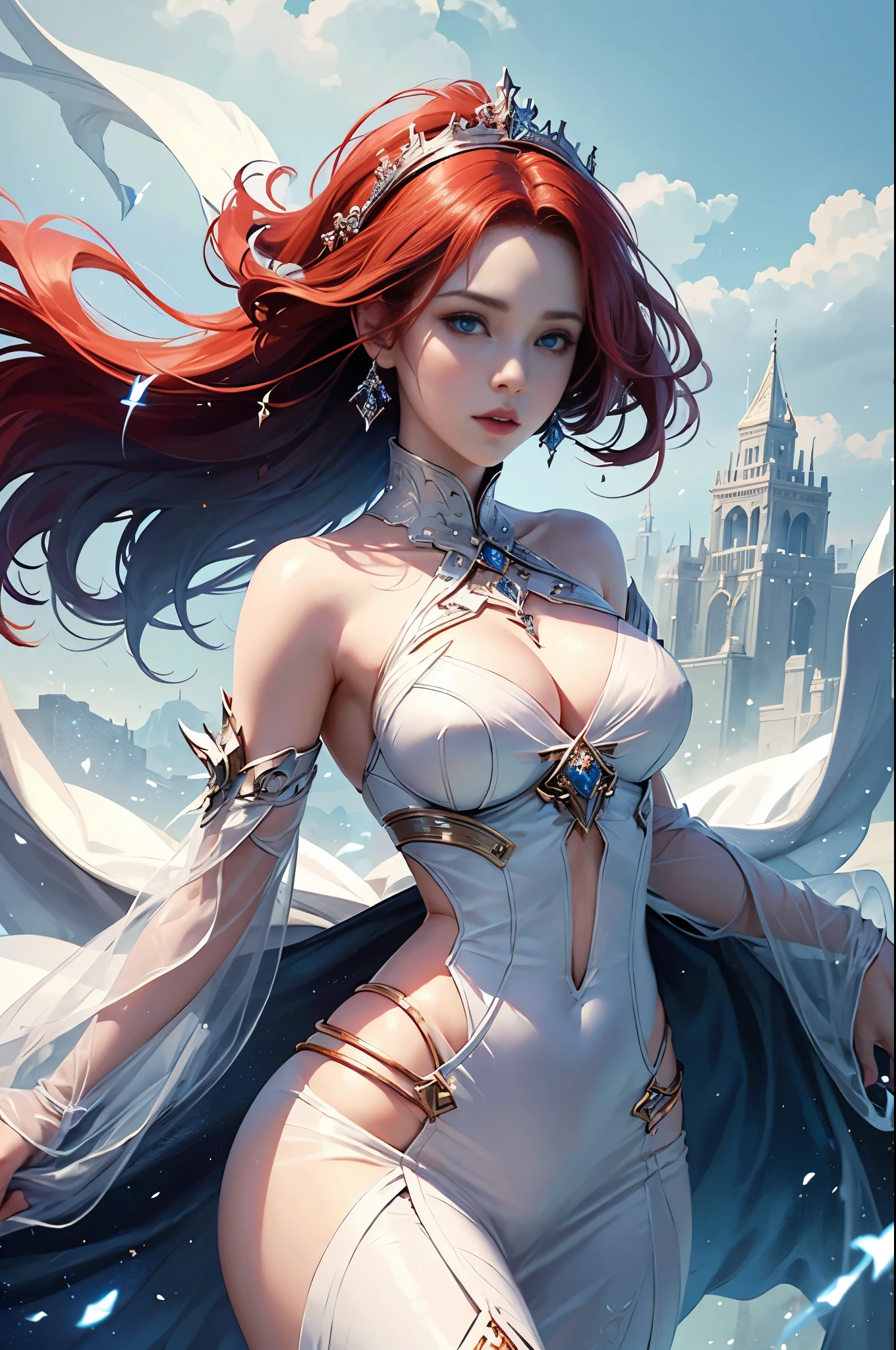 A red-haired arafe woman posing in a white dress, concept-art:by Jeremy Chong, cg society contest winner, Fantasy Art, a beautiful fantasy empress, Fantasy Art Style, Very detailed ArtGerm, Fantasyart, artgerm julie bell beeple, ((a beautiful fantasy empress)), style of artgerm, Best Quality, Perfect Angle, perfect-composition, masuter piece, Best Shots, Perfect model body shape, extremely detailed and beautiful eyes,  Blue eyes