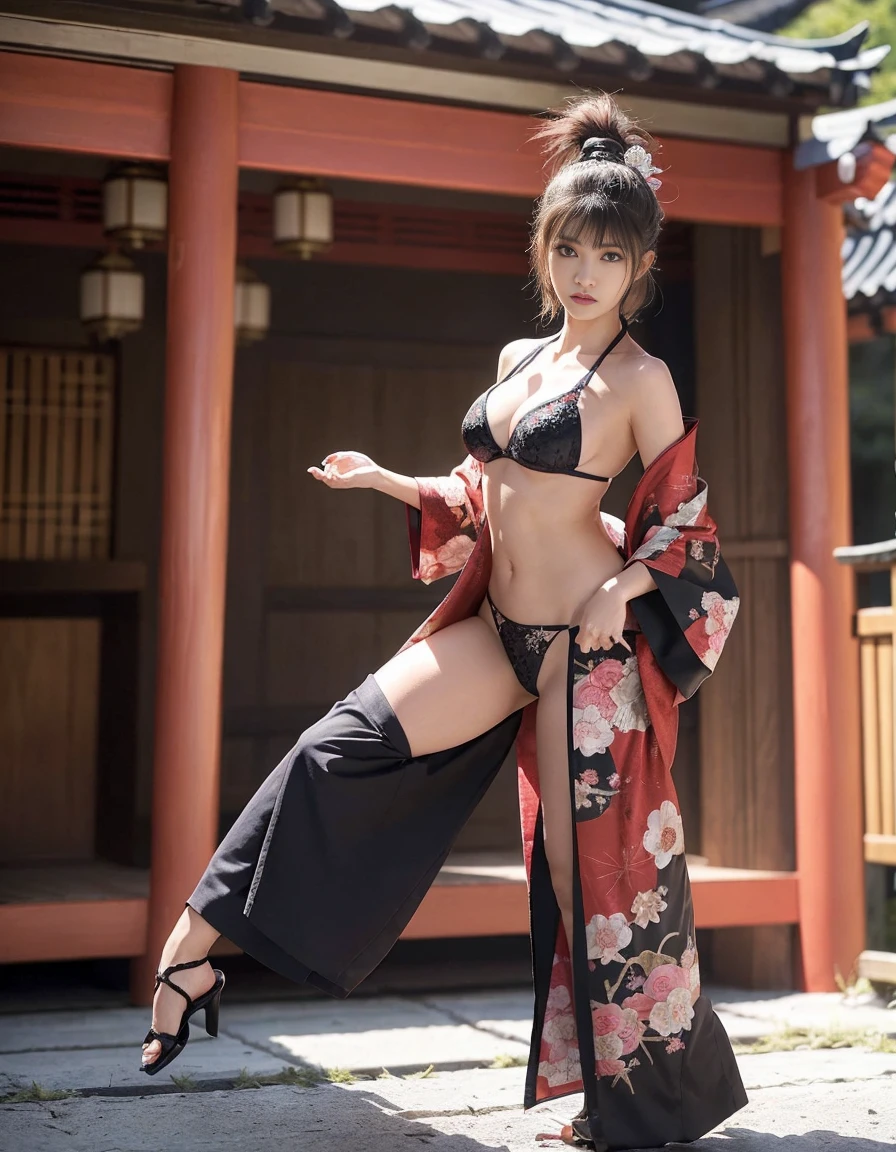 Women in Japan、adult-like、I am at a shrine wearing a luxurious kimono.、Light in the eyes、Looking at the camera、light dwells、plump figure