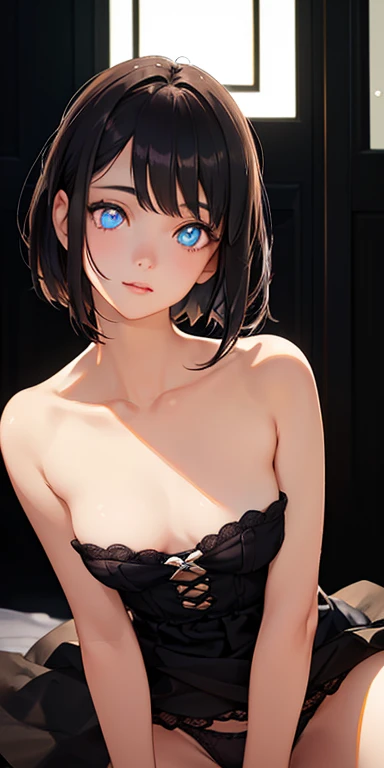 baby face, small breasts, short black hair,pixie cut, (photorealistic:1.4), (masterpiece, sidelights, exquisite beautiful eyes: 1.5), masterpiece*portrait, realistic, 3D face,kawaii face,from above: 1.5、 (glowing eyes:1.5),(tareme:1.5)、 shiny hair, shiny oil skin: 1.5,solo,straddling、spread legs、low rise panties、(shoulder strapless small underwear)、portrait:1.5、