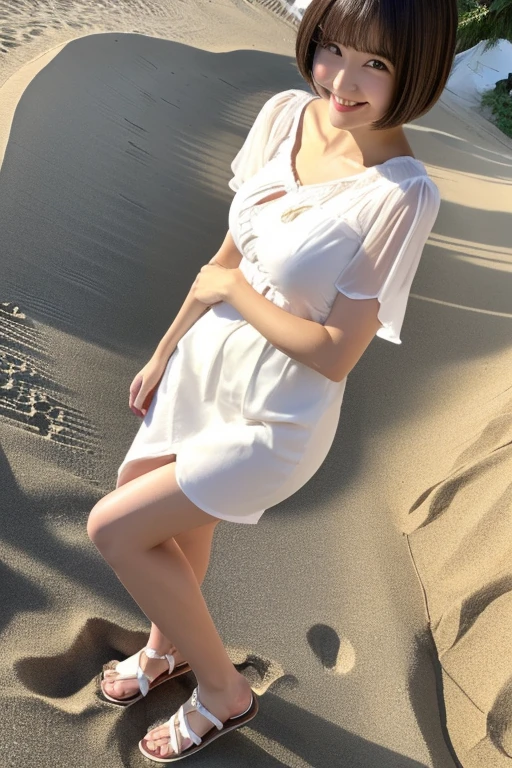 Japan Beauty,High Teenager,is standing体全体写真,full body photo,Beautiful leg line beauty,Straight in front photo,a smile,Stand with your crotch open,The camera takes a photo close to the ground. (Detailed body,lean body,small bust,Small breasts,Small,small tits,big breasts thin waist) (detailed legs,Larger hips,Thick thighs,White sandals) (detailed photo composition,is standing,FULL BODYSHOT,full body shot,Shot straight ahead,Standing,eye level photo) (detailed costume,Navel Ejection,short sleeve white see-through blouse,red fluttering miniskirt) (A detailed face,elongated facial contour,少しa smile,Sharp cheeks,Round chin,Eyebrows that are raised on the outside) (A detailed eye,Looking at the camera,Slender eyes,Beautiful eyes,Dark gray eyes,drooing eyes,The space between the eyes is narrow) (Detailed nose,neat nose) (Detailed hair,Bob cut hair,a little brown hair) (Detailed shooting location,beach,sand beach)