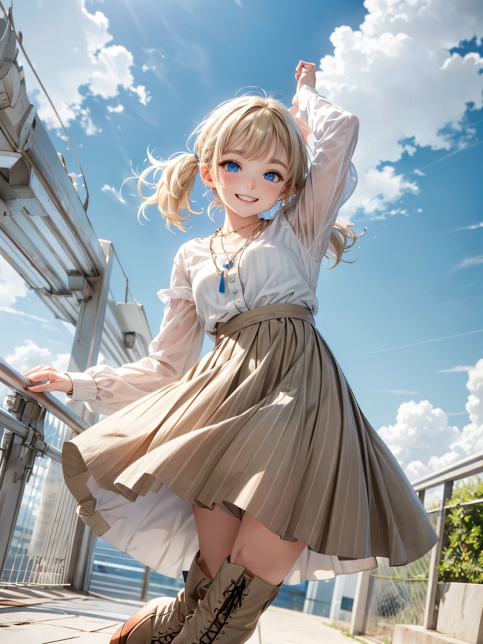 absurderes, ultra-detailliert,bright colour,extremely beautiful face and eyes,view straight on,Short hair,Blonde hair with short twin tails,Shiny hair,Delicate beautiful face, red blush,(Deep Blue Eyes:1.2),hair clips,a necklace,(White horizontal striped shirt),(Happy smile:1.4),(Khaki Long Skirt:1.3),Beautiful cloud,(Black boots),Dusk sky,