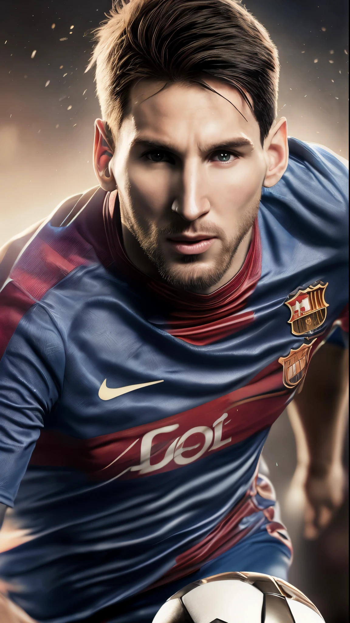 Style Lionel Andres Messi Cuccitini is playing football, on the field, HD, detailed face, detailed face, detailed eyes, detailed suit, Marvel and DC style , surreal, + cinematic plan + dynamic composition, incredible detail, clarity, details + superb detail + night lights + perfectionism + award-winning realism ((soft light))