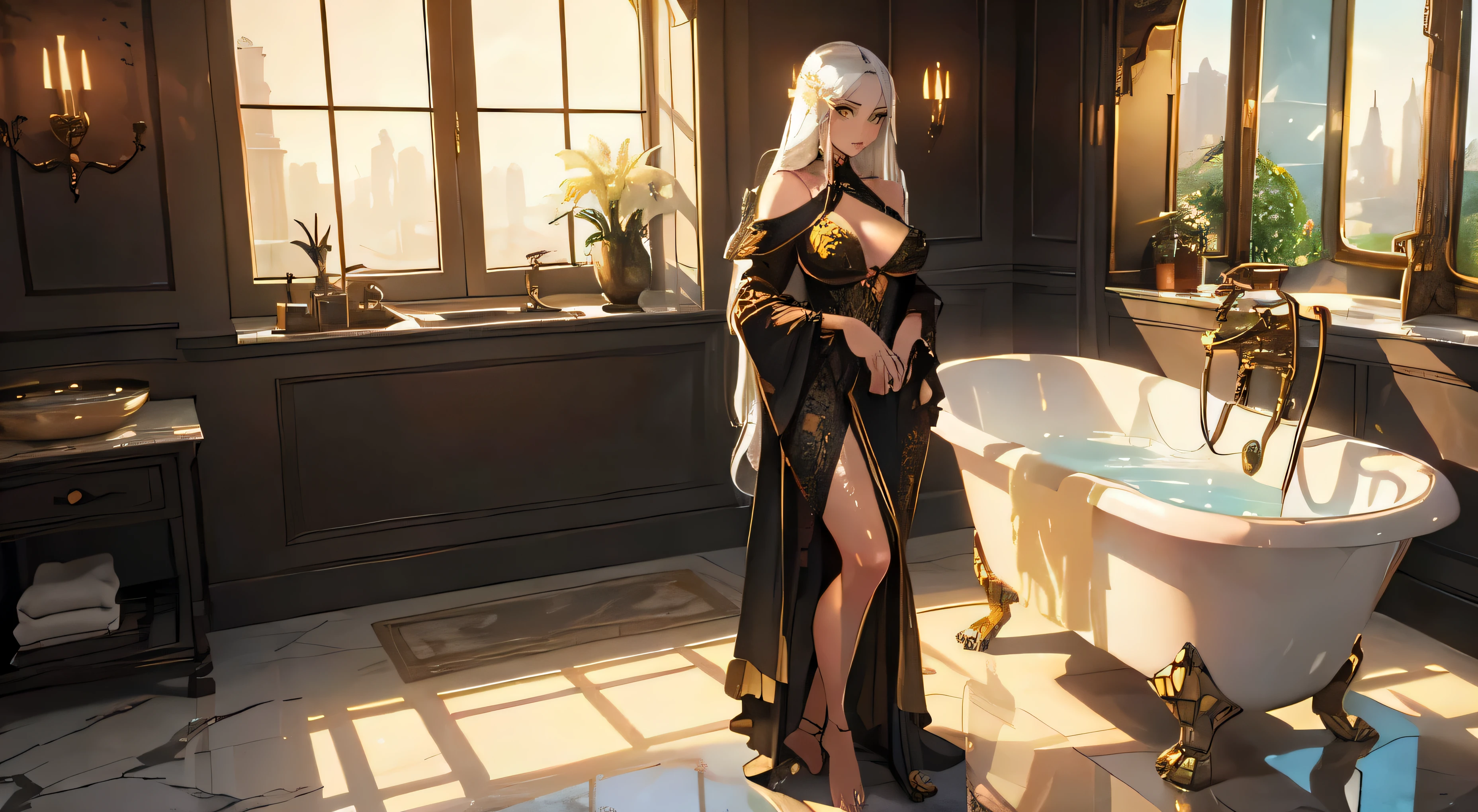 masterpiece, high quality, 1_woman, full body, nude, (exotic skin_complexion:1.4),mature, statuesque, tall, beautiful, exotic, bare_shoulders, long white hair, detailed face having diamond shaped eyes, (yellow_eyes), (dark_eyeliner), long_eyelashes, large_bust, (wearing black slik bath robes) with gold trim, barefoot, cleavage, beginning to undress, spacious steampunk bathroom, standing next to languorous marble tub, rustic electric lamps on walls, large window, dynamic lighting casts detailed shadows, window with view of (steampunk city), perfect hands,