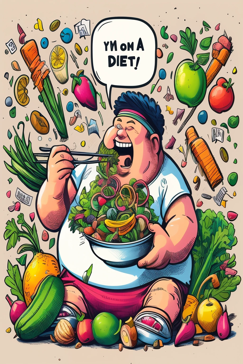 cartoon of fat man eating food with speech bubble, Amazing food illustrations, funny illustration, humorous illustration, funny weird illustration, by Kim Hwan-gi, gluttony, vibrant cartoon art, marvelous illustration, Meredith Dillman, Interesting artwork, ultra humorous illustration, by Eddie Mendoza, official artwork, Very coherent artwork, food
