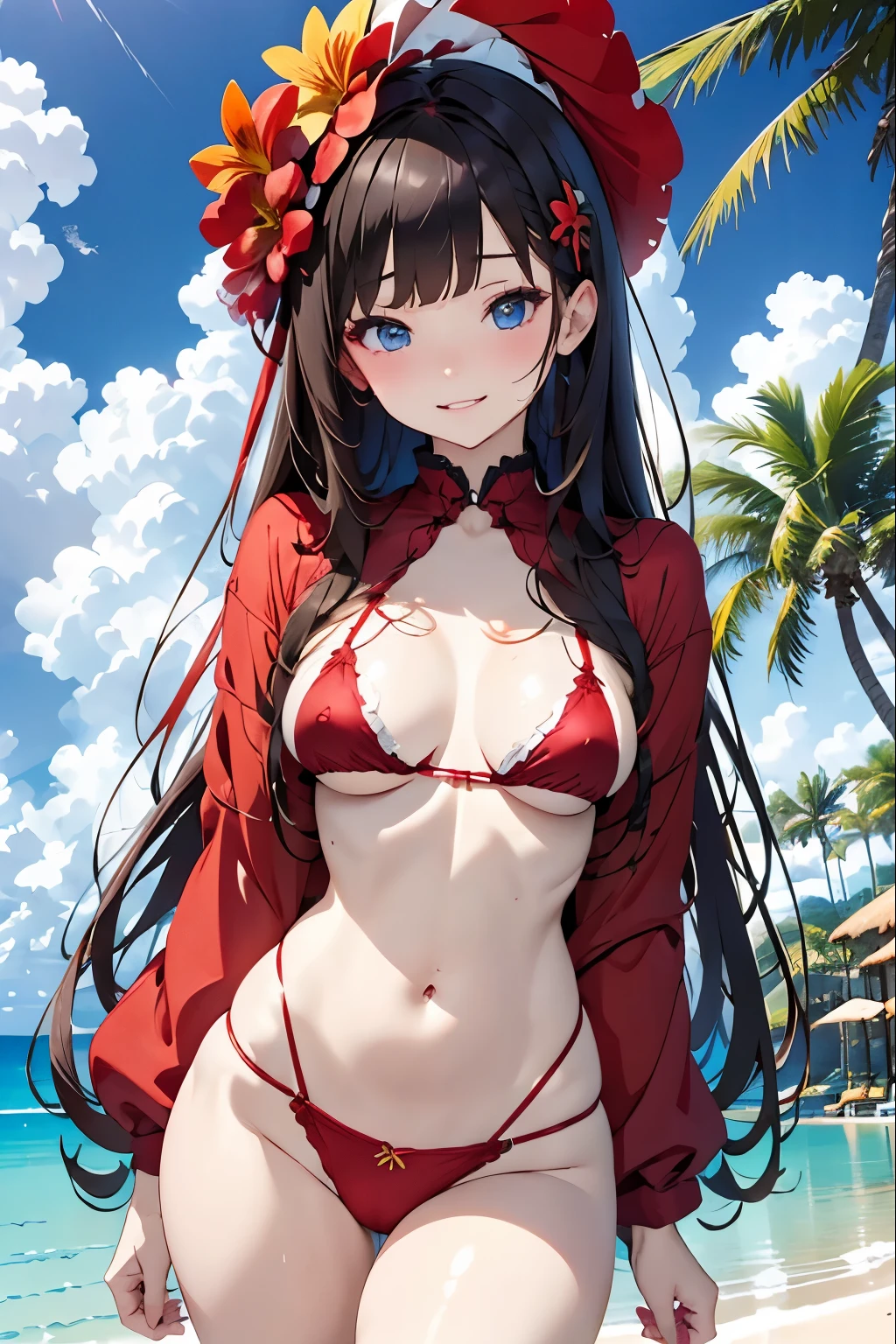 one girls、parfect anatomy、small tits、A dark-haired、Smiling、Realistic people、ultra-detailliert、Red bikini、Floral hair ornament、Blurred background、South Island、Palm trees、White sandy beach、Blue Sea、blue open sky、white clouds、cumulonimbus clouds