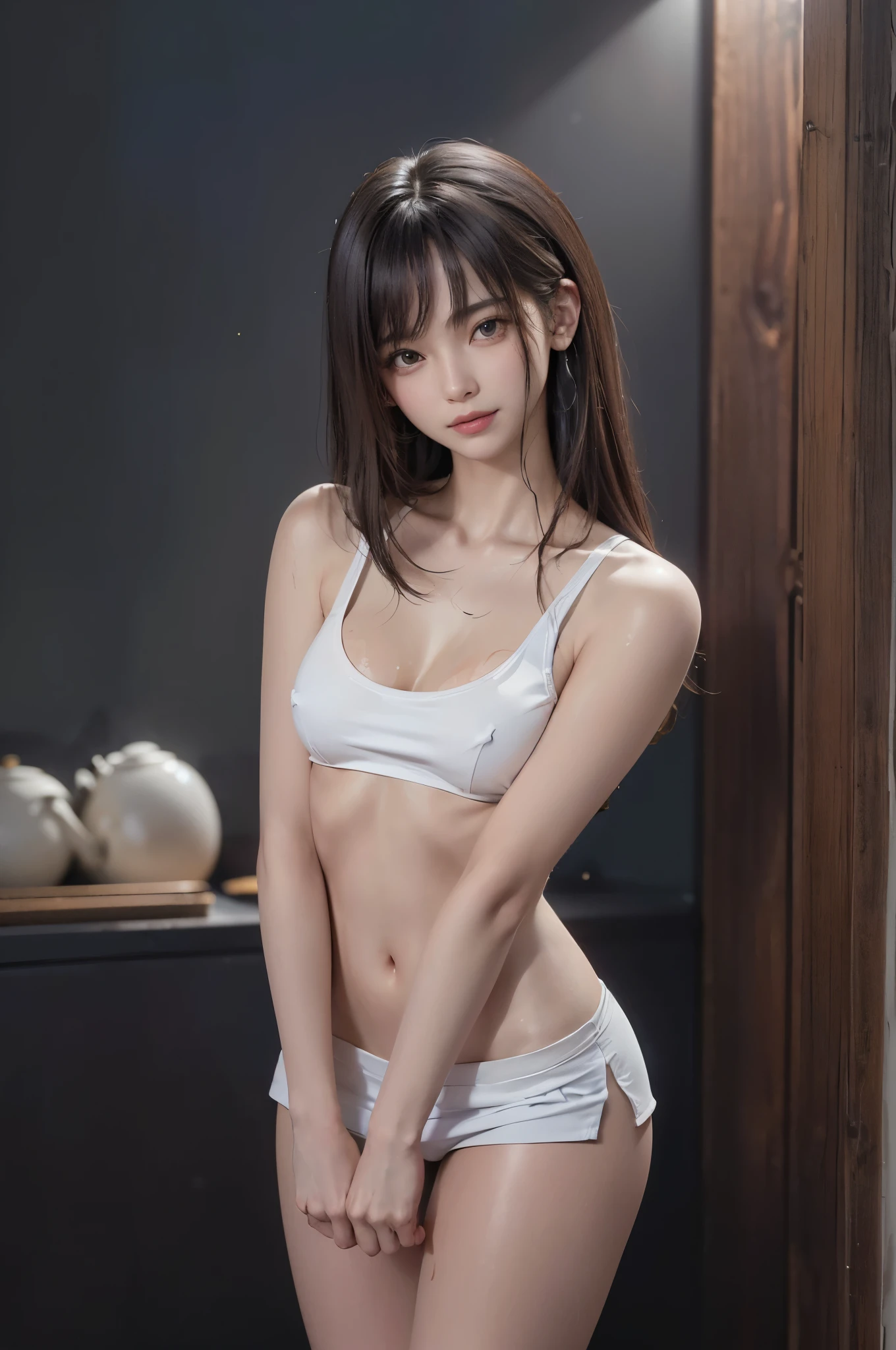 (official art、Best Quality、Unity 8k Wallpapers、32K、 masterpiece、ultra-detailliert、high resolution、realisitic、Photorealsitic:1.2)、(natural soft light:1.2)、Fireglow effect、film grains、Best Shadows、Rim lighting、side lights、(Ultra-detailed and complex 3D rendering)、Detailed beautiful face and eyes,(1woman,solo),20-year-old beauty、japanes、dark brown hair,long hair,a smile,((oily skin:1.5)),((smaller head:1.4,skinny:1.4,ideal ratio body proportions:1.2,small breasts)),Tank tops、The navel is visible、a miniskirt、outside of house、Bustling street、big city、