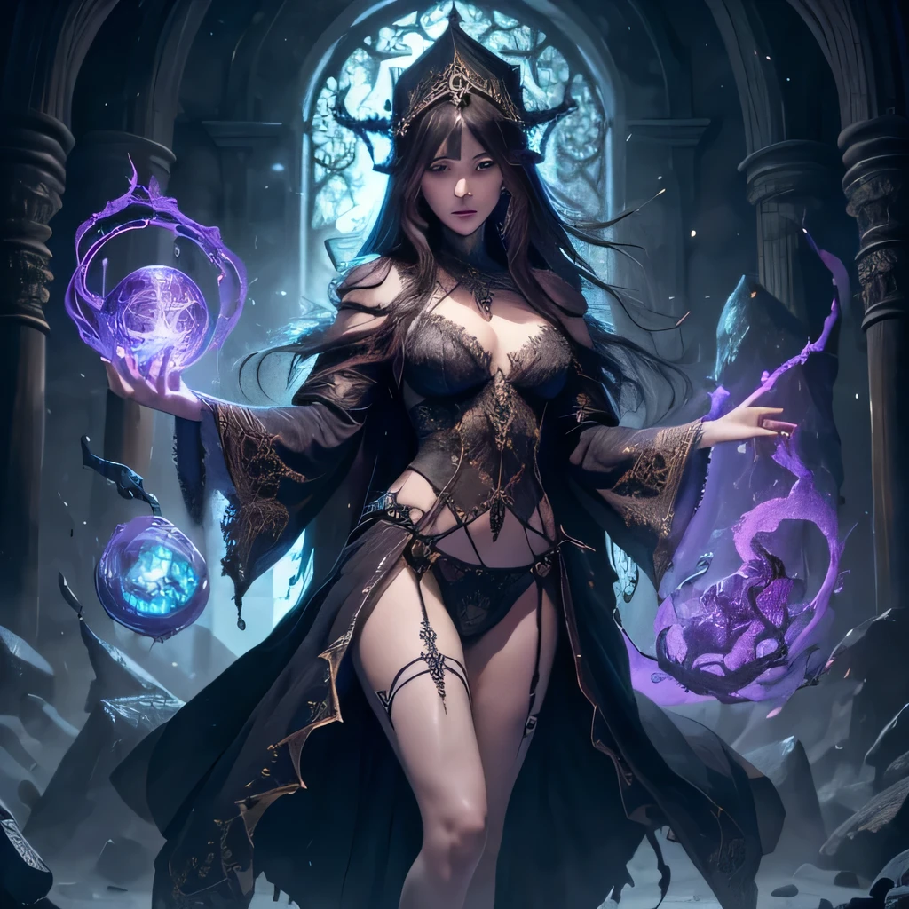 fantasy priestess in dark robes summoning a monster, (highly detailed face 1.6), (detailed legs 1.2), (detailed feet 1.2), lingerie (delicate fabric 1.3), (translucent abric 1.3), dynamic pose, maximalist, dark magic symbols ,snow, winter, 8k, high detail, (High Resolution), (8K), (Very Detailed), darkness, cinematic