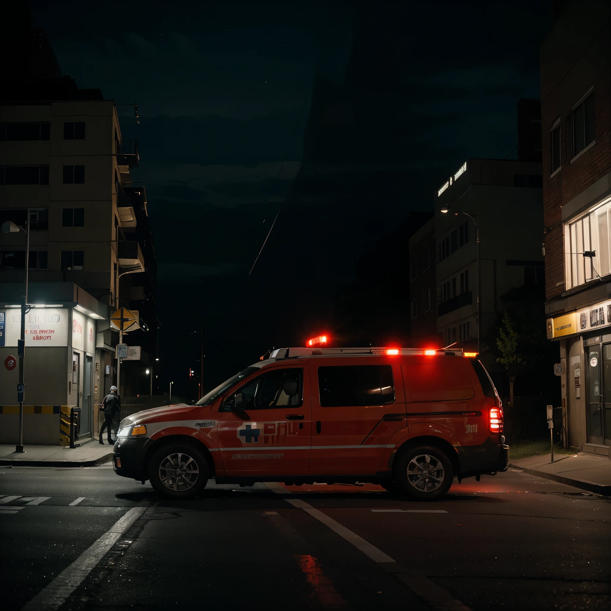 (an ambulance drive to the hospital,vehicle:1.1,emergency:1.1,side view,fast moving,urgent,red and white,body flashing lights,blaring siren) in the middle of the night. The ambulance is rushing through the dark and empty city streets, with its bright and vivid lights illuminating the surroundings. The scene captures the motion and urgency of the situation, as the vehicle makes its way towards the hospital. The lights on top of the ambulance are flashing rapidly, creating a sense of urgency and emergency. The siren is blaring loudly, cutting through the silence of the night. The side view perspective gives a dynamic and active feel to the scene, emphasizing the speed at which the ambulance is moving. The environment around the ambulance consists of buildings and streets, with some distant city lights visible in the background. The overall tone of the image is dark and contrasted, with pops of bright red and white from the ambulance lights. The scene is lit by the streetlights and the flashing lights of the ambulance, creating an atmosphere of tension and urgency.