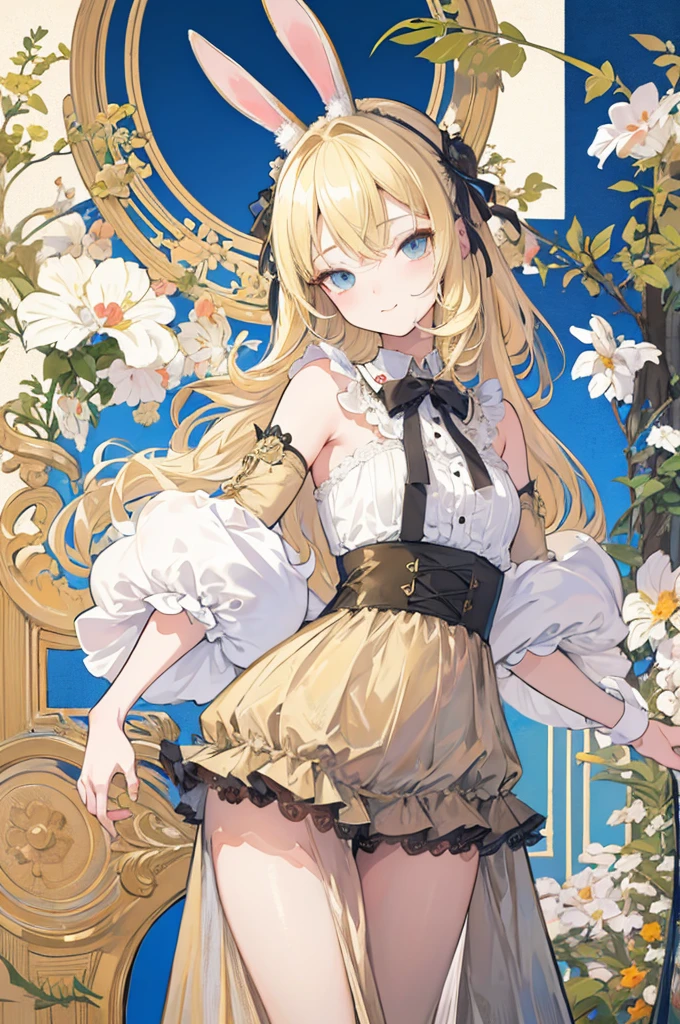 (flat color:1.1),(masterpiece:1.2), best quality, masterpiece, original,blonde hair,mature woman, , extremely detailed wallpaper, looking at viewer,1girl,solo,bunny ears,happy and kind face expression