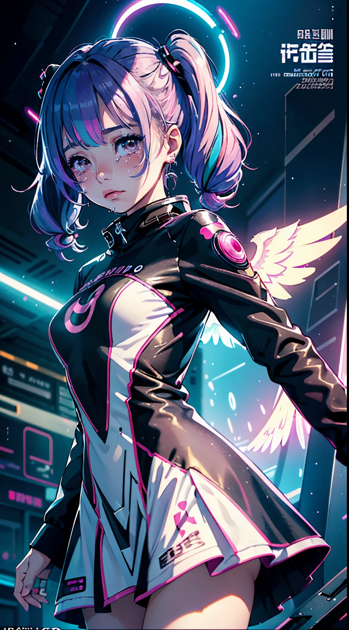 Hologram girl, hologram, no humans, outline only, wireframe, glowing wireframe, pretty girl, rainbow hologram, 🌈, futuristic, transparent body, void body, only outline neon tube, twintails, low twintails, fluffy hair, rainbow colors, small wings, aesthetic grid, silhouette ,more_prism background, vibrant color, more_details:1.5
