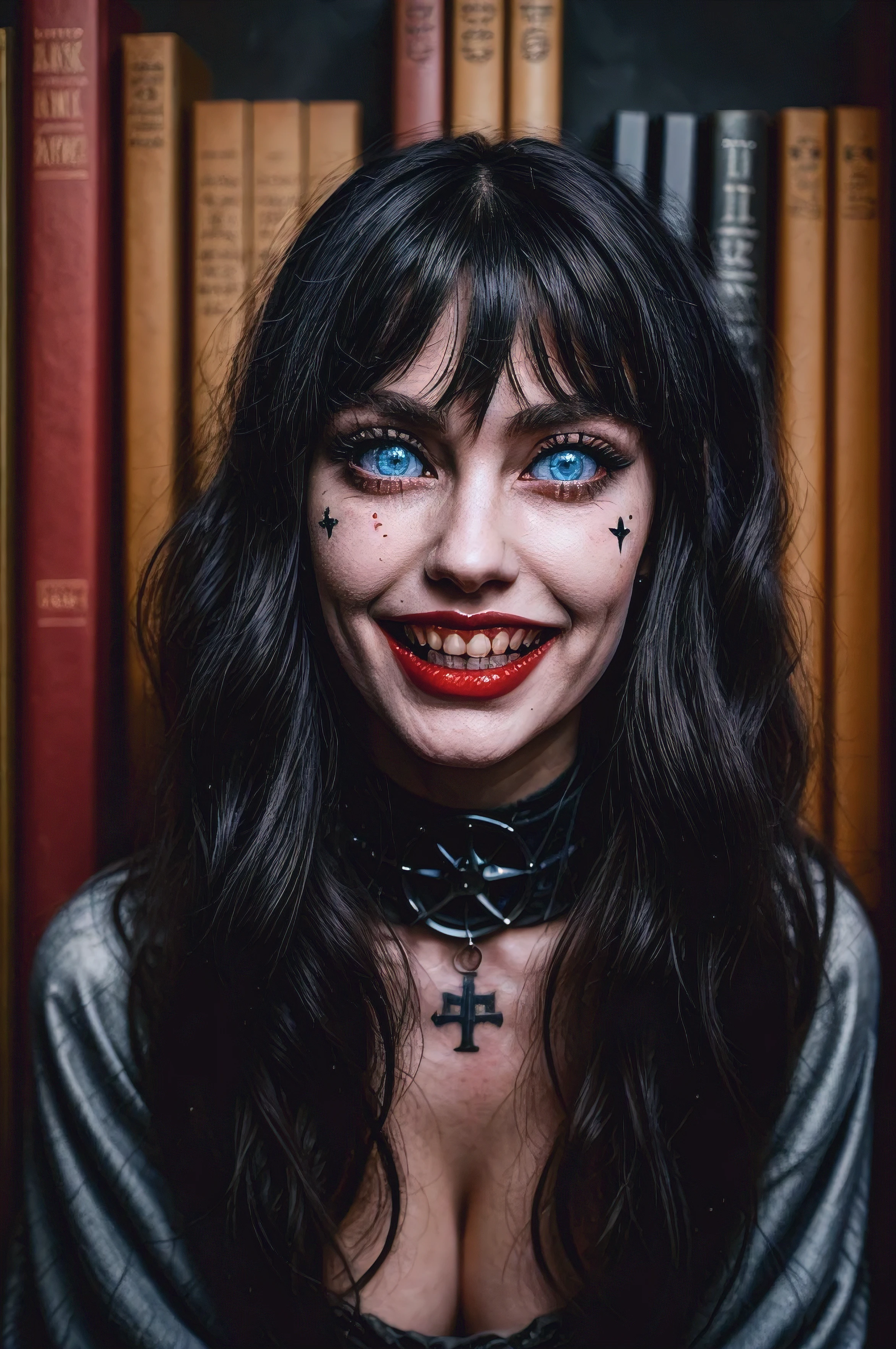 low angle danish , goth, bangs, long black hair, (nude) massive sagging breasts choker tattoos, nightime crowded medieval library, robe vibrant colors, (creepy grin) blue eyes, red lips kubrick stare dynamic posing flash photography detailed high saturation