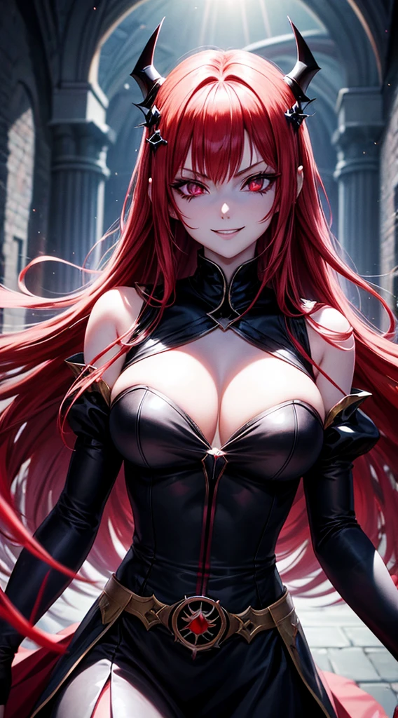 Princess of Darkness with Bloodshot Eyes, Red hair, diadems, Evil smile, Anime style, Lens Flare, high detailing, One-person viewpoint, Cinematic lighting, masutepiece, Super Detail, Best Quality, 8K, nffsw