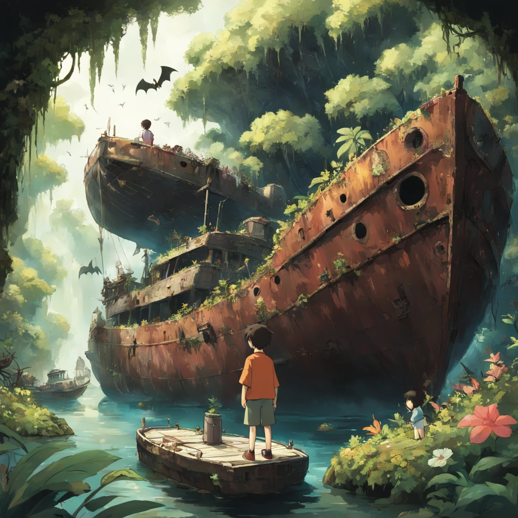 back view shot ,8k, hi res ,image , studio Ghibli style ,manga ,anime , spectacular, masterpiece scene , a young boy stand beside a big old rusted boat ,inside a jungle ,falcon ,bats ,insects, big flowers , firefly's.