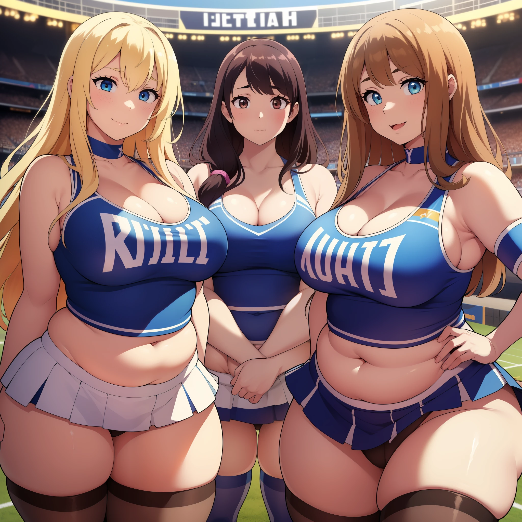 ((Masterpiece)), perfect anatomy, perfect shading, field of depth, (best quality), extremely delicate and beautiful, perfect lighting, detailed face, ultra cute face, cute, (cowboy shot 1.2), full body, (((2girls))), ((2 girls 1 and 2))
Girl 1: has long hair, fluffy hair, blonde hair, blue eyelush)), embarrassed, extremely tight clothes, medium breasts, cleavage, perky breasts, ((wide hips)), (thick thighs), ((chubby)), pudgy belly, fat rolls, belly hang,
Girl 2: has short hair, fluffy hair, brown hair, green eyelush)), seductive smile, chocker, extremely tight clothes, medium breasts, cleavage, perky breasts, (((wide hips))), ((thick thighig butt)), ((plump)), chubby belly, fat rolls, belly hang, she has a jiggly belly,
football field, intricate background, detailed background, girls are standing next to each other, ((cheerleader uniform)), (blue and white tank top 1.2), (short section skirt 1.2), thigh highs,