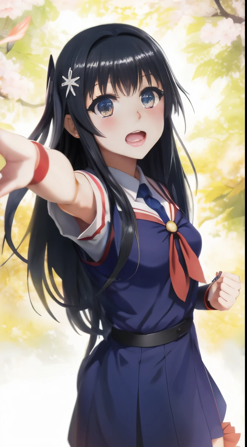 anime girl with long black hair pointing at the camera, nagatoro, hinata hyuga, with index finger, yuyushiki, anime moe artstyle, yandere. tall, yandere, mitsumayo, shikamimi, ikki tousen, anime visual of a cute girl, seifuku, iwakura lain, gapmoe yandere,Saten Ruiko