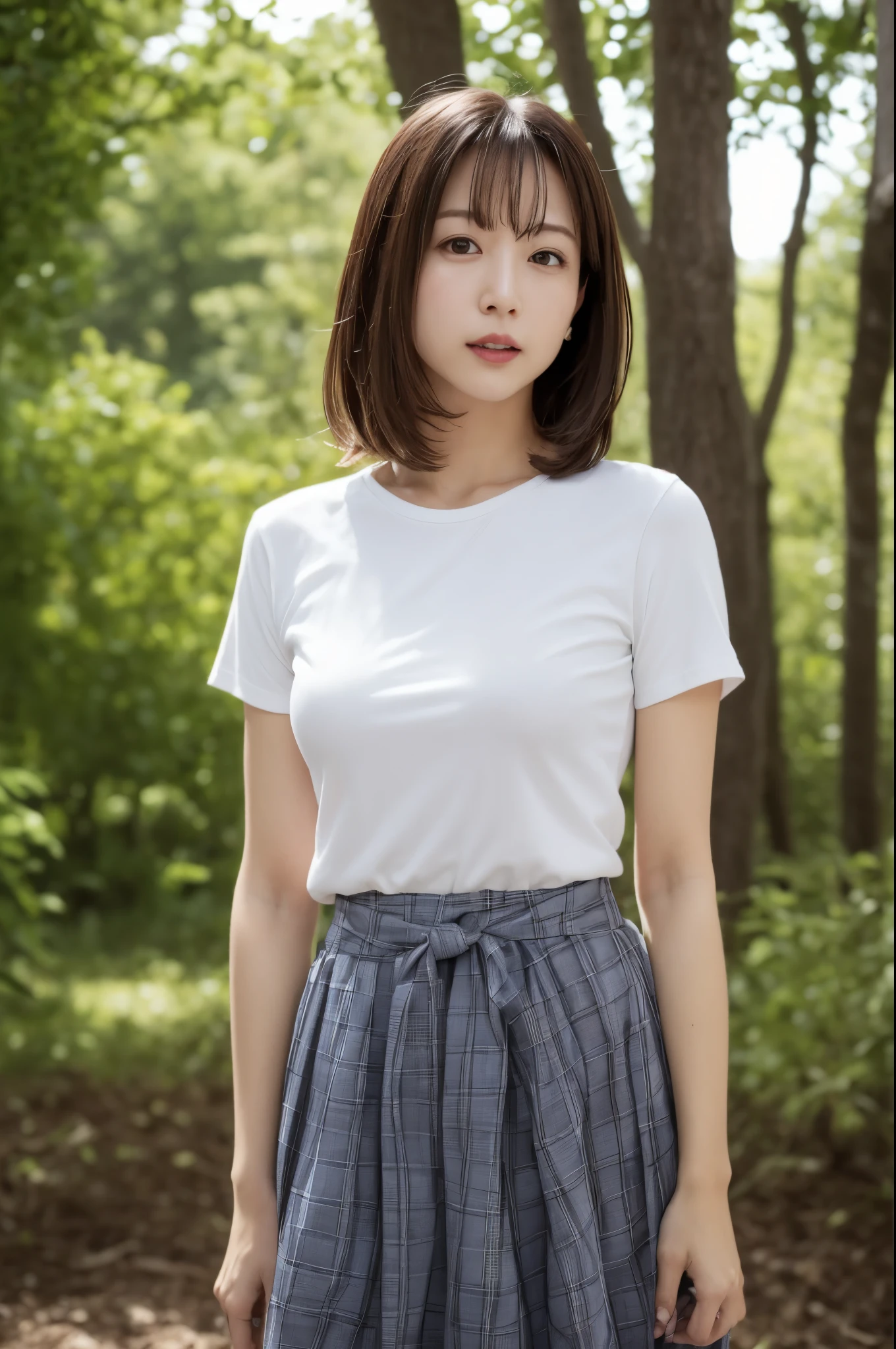 (High reality photograph, high resolusion, detailed face, detailed eyes) Skinny Japanese lady, 40 years old, various face expression, various hair style, skinny figure, very small breasts, very thin waist, in a park, White T-Shirt, skirt, full-body photo