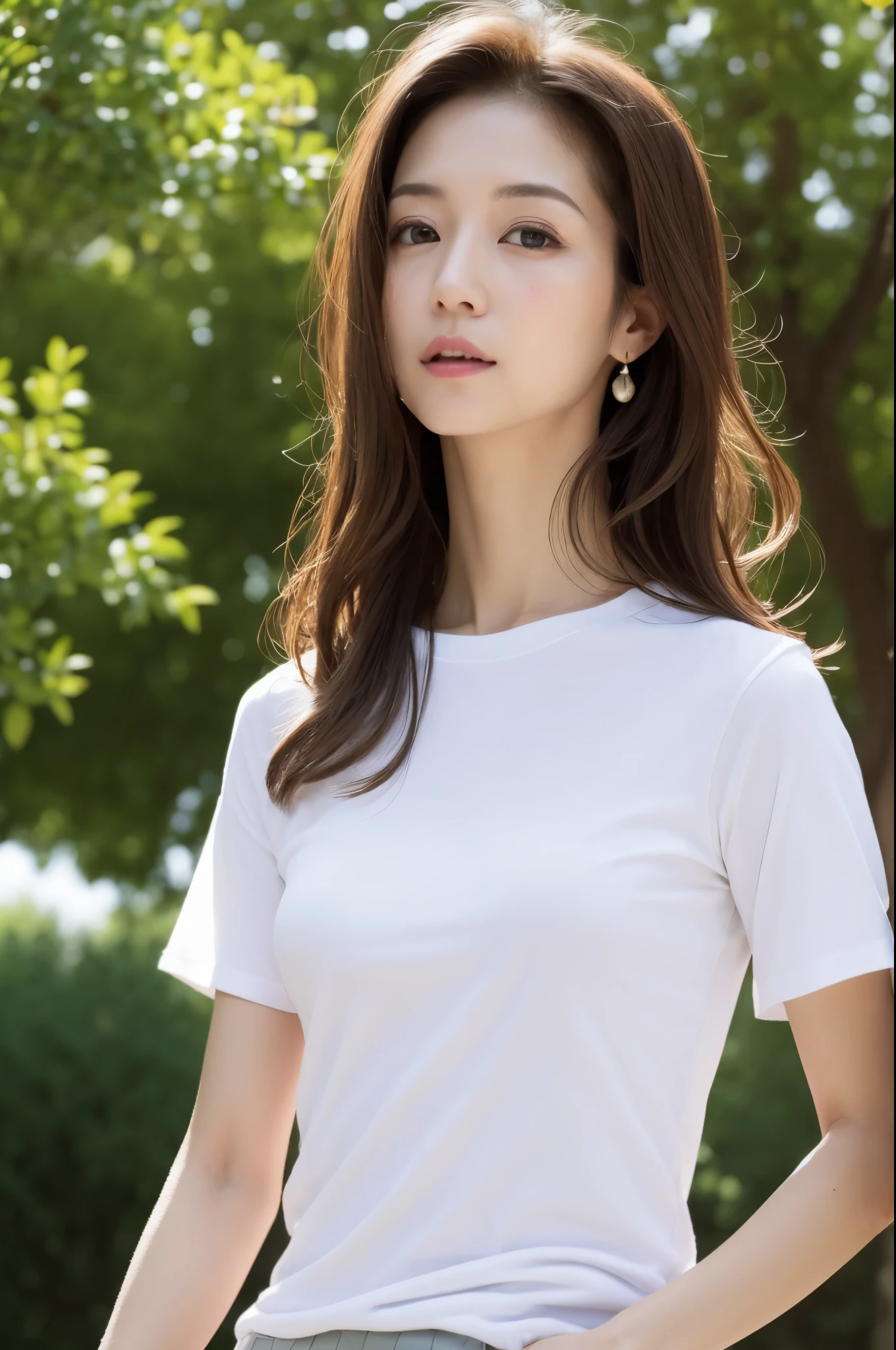 (High reality photograph, high resolusion, detailed face, detailed eyes) Skinny Japanese lady, 40 years old, various face expression, various hair style, skinny figure, very small breasts, very thin waist, in a park, White T-Shirt, skirt, full-body photo