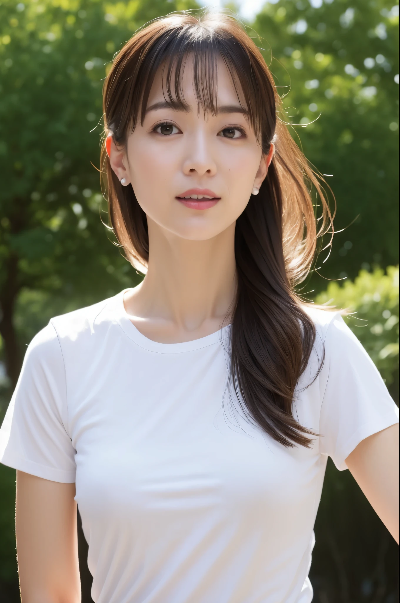 (High reality photograph, high resolusion, detailed face, detailed eyes) Skinny Japanese lady, 40 years old, various face expression, various hair style, skinny figure, very small breasts, very thin waist, in a park, White T-Shirt, skirt, full-body photo