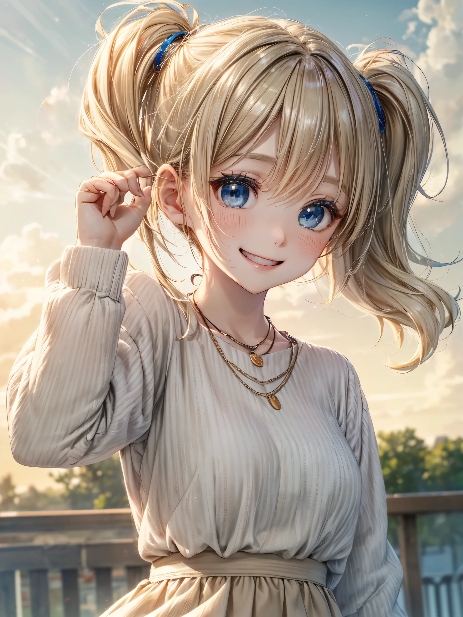 absurderes, ultra-detailliert,bright colour,extremely beautiful face and eyes,view straight on,Short hair,Blonde hair with short twin tails,Shiny hair,Delicate beautiful face, red blush,(Deep Blue Eyes:1.2),hair clips,a necklace,(White horizontal striped shirt),(Happy smile:1.4),(Khaki Long Skirt:1.3),Beautiful cloud,(Black boots),Dusk sky,