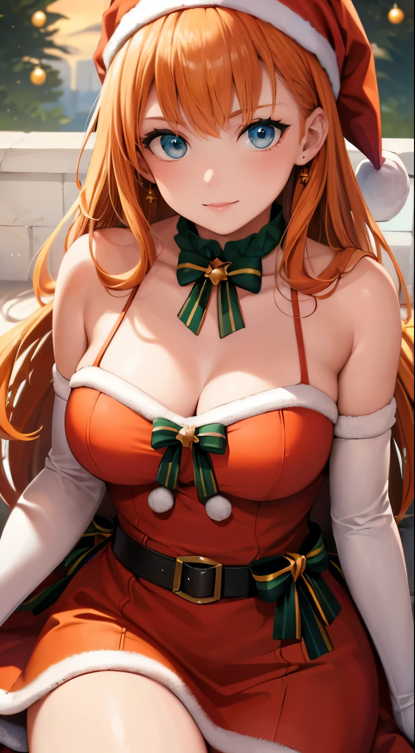 1girl, solo, masterpiece, best quality, high res, highly detailed, (illustration), beautiful detailed eyes, annette_war, orange hair , long hair,blue eyes ,glossy lips, light makeup, light smile, long white satin elbow gloves ,cowboy shot, (santa), red santa dress