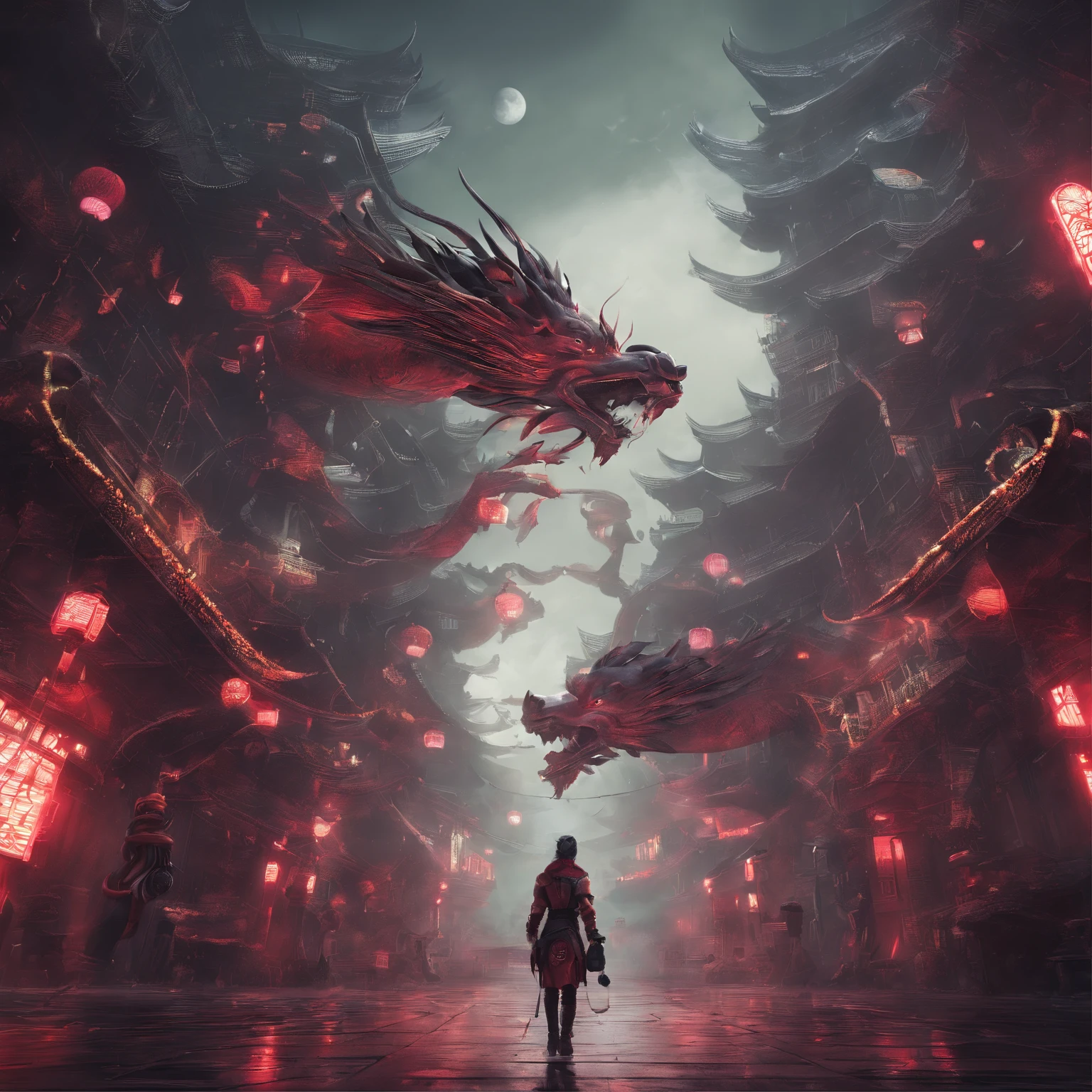 Best quality at best,tmasterpiece,超高分辨率,a Oriental Dragons,Machinary,Futuristic,clouds,red eyes,Skysky,with her mouth open,多clouds的Skysky,Chongqing architecture,cyber punk perssonage,flight