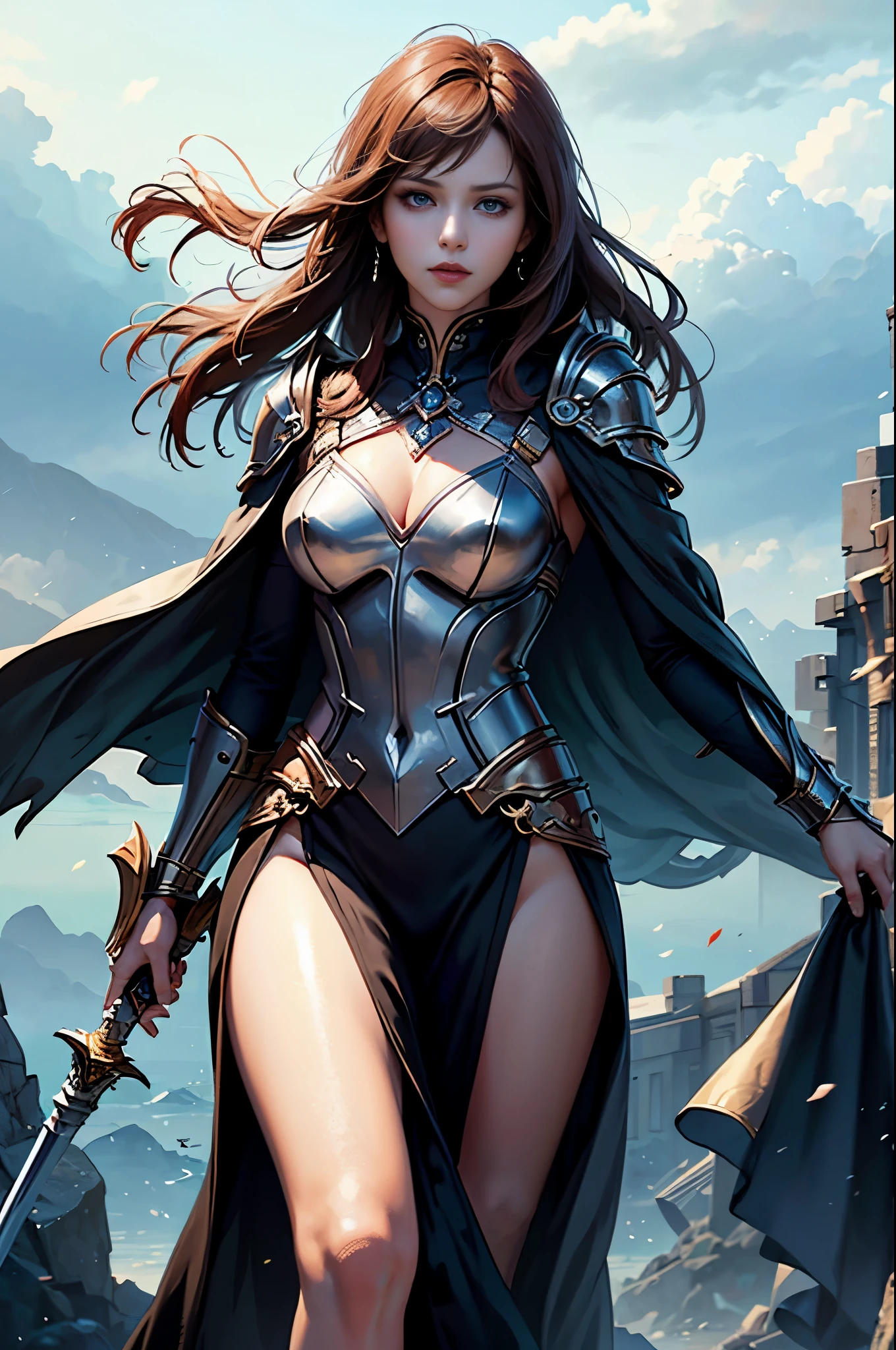 Arab woman in black and red costume holding a sword, a character portrait by Yang J, cg society contest winner, Fantasy Art, epic exquisite character art, Stunning character art, redhead queen in heavy red armor, 2. 5 d cgi anime fantasy artwork, epic fantasy art style, ig model | ArtGerm, epic fantasy digital art style, Battlefield Commander, Invincible female general, brave, Awe-inspiring Hall々, extremely detailed and beautiful eyes, perfect supermodel body, Cloak wrapped in the wind, Battle Master, Veteran Warrior, incarnation of athena, Best Quality, Perfect Angle, perfect-composition, Best Shots, Official art, ciinematic light