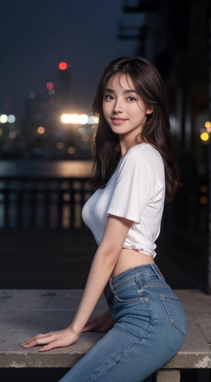 10, master-piece, RAW photo, bestquality, photorealistic portrait, extremely detailed cg unity 8k wallpaper, Depth of Field, cinematic light, lens flare, ray tracing, (Very beautiful face...... , beautiful lips, beautidul eyes), Complex face details, ((ultra-detailed skin)) 1girls, A Beautiful Girl, (The body is very slender....... :1.3), ((looking at the audience)),(big smile:1.3), Clear eyes, Front Shot, (pale skin), (Look very far ahead......., (upper body shot), (Brown cooked for the audience.......:1.3), Very thin, mediuml breasts, thick thighs, Sphincter stockings, city scape,(Random,t-shirt,jeans, ), (Random environment,nighttime,), (environment,In Bangkok, thailand)