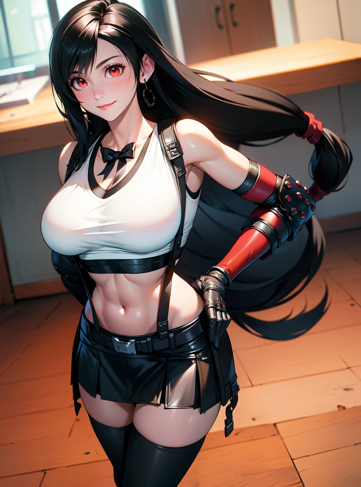 (8k, best quality, masterpiece:1.2), (realistic, photo-realistic:1.37), standing, legs apart, (wide stance), ultra-detailed, 1 girl,cute, solo, (tifa lockhart), (medium breasteautiful detailed eyes), (smile:1.2), (closed mouth), sharp focus, depth of field, good composition, Final Fantasy VII, black hair, very long straight hair, hair bang, ((red_eyes)), intricate, perfect breasts, suspenders, stockings, lace gloves, toned body, athletic, wide hips, thin waist, toned arms, exposed abdomen, (view from front)