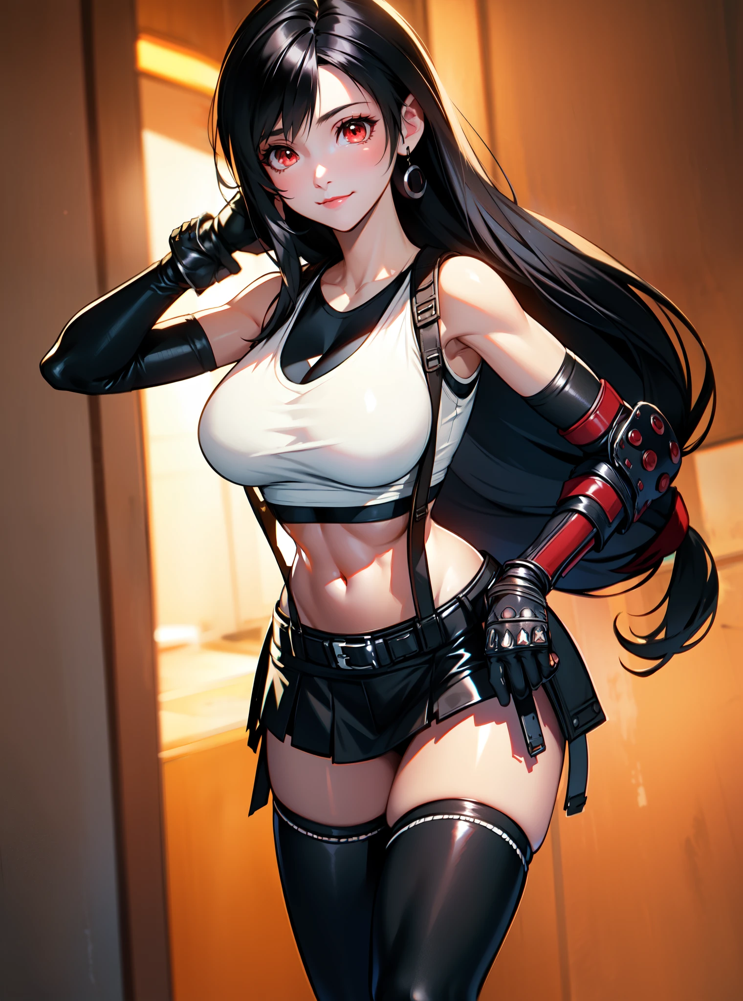 (8k, best quality, masterpiece:1.2), (realistic, photo-realistic:1.37), standing, legs apart, (wide stance), ultra-detailed, 1 girl,cute, solo, (tifa lockhart), (medium breasteautiful detailed eyes), (smile:1.2), (closed mouth), sharp focus, depth of field, good composition, Final Fantasy VII, black hair, very long straight hair, hair bang, ((red_eyes)), intricate, perfect breasts, suspenders, stockings, lace gloves, toned body, athletic, wide hips, thin waist, toned arms, exposed abdomen, (view from front)