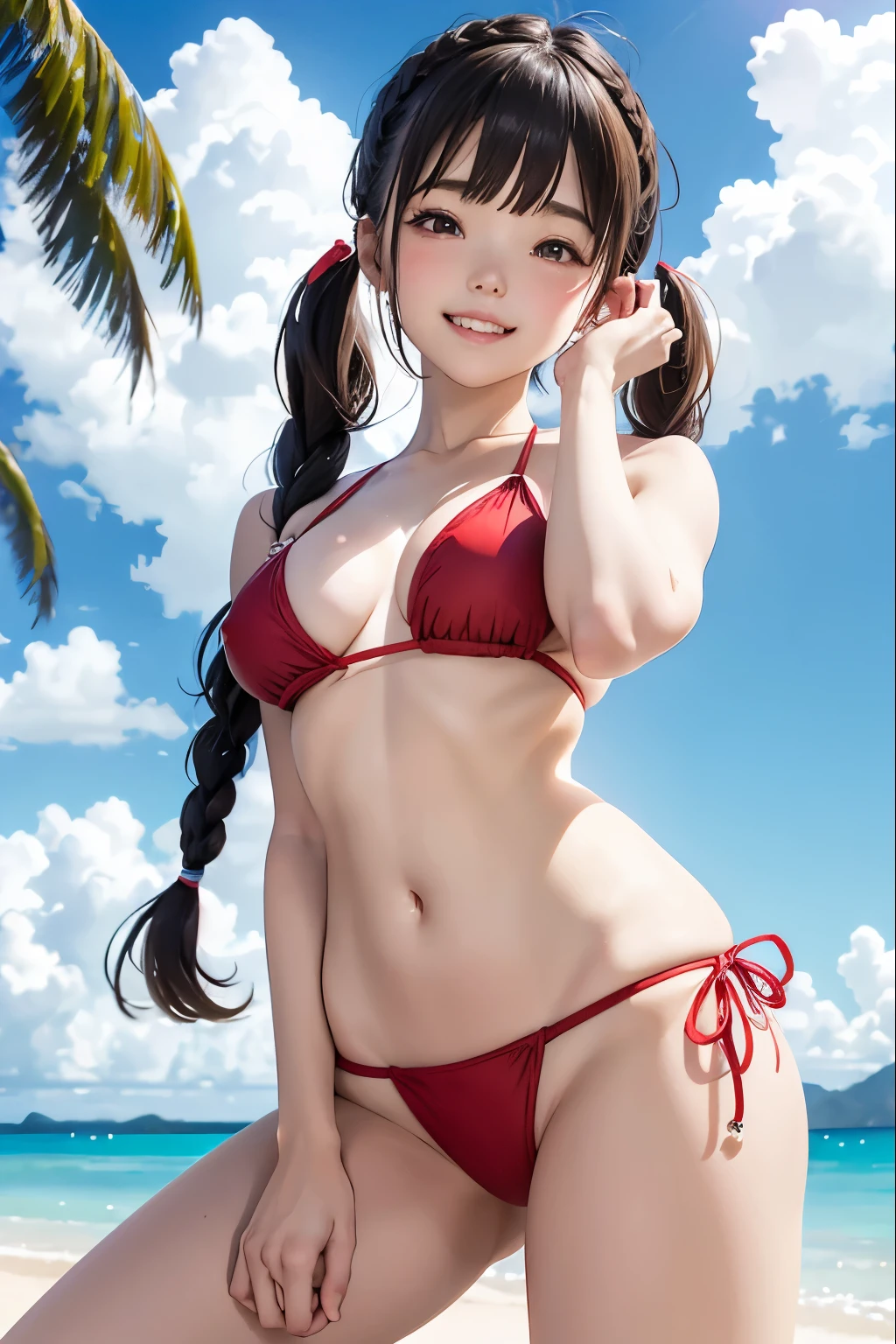 one girls、parfect anatomy、small tits、A dark-haired、Braided pigtails、Smiling、Realistic people、ultra-detailliert、Red bikini、Floral hair ornament、Blurred background、South Island、Palm trees、White sandy beach、Blue Sea、blue open sky、white clouds、cumulonimbus clouds