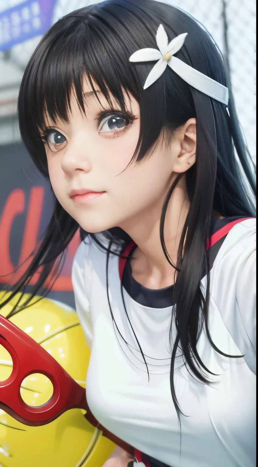 anime girl with long black hair and white shirt holding a tennis racket, nagatoro, anime visual of a cute girl, close up iwakura lain, iwakura lain, rei hiroe, anime best girl, anime moe artstyle, close up of a young anime girl, still from tv anime, close up of lain iwakura, yuruyuri,Saten Ruiko