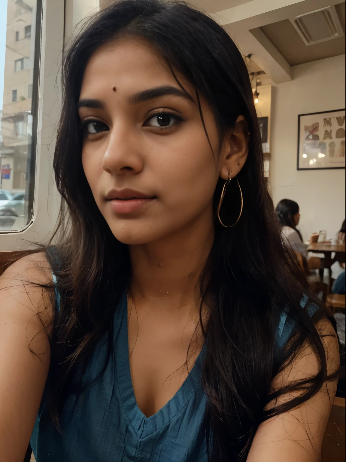 Photo of a 20 year old indian woman, that has a very natural face, thin lips, thin blue eyes, thin eyebrows, thin nose, earrings, long eyelashes. She makes a cute selfie in a cafe, coffee in hand