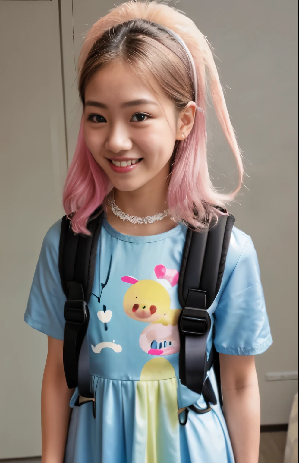 Masterpiece, hd, realistic, 1girl, 17 y.o, Asian face, black hair, light smile, wear blue dress, puffy Sleeve, short Sleeve, wearing backpack, potrait
