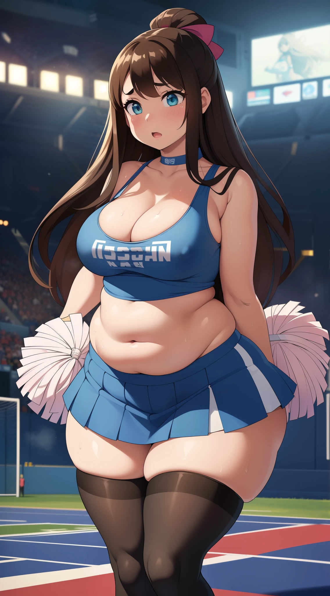 ((Masterpiece)), perfect , perfect shading, field of depth, (best quality), extremely delicate and beautiful, perfect lighting, detailed face, ultra cute face, cute, (cowboy shot 1.2), full body, (((1girl))), (((solo))), cheerleader

 long hair, fluffy hair, brown hair, green eyelush))), embarrassed, (cheerleader uniform), (blue and white tank top 1.2), (short section skirt 1.2), thigh highs, chocker, extremely tight clothes, , cleavage, perky , (((wide ))), ((thick thighig )), ((plump)), chubby belly, fat rolls, belly hang, she has a jiggly belly,

football field, intricate background, detailed background, sweaty, out of breath