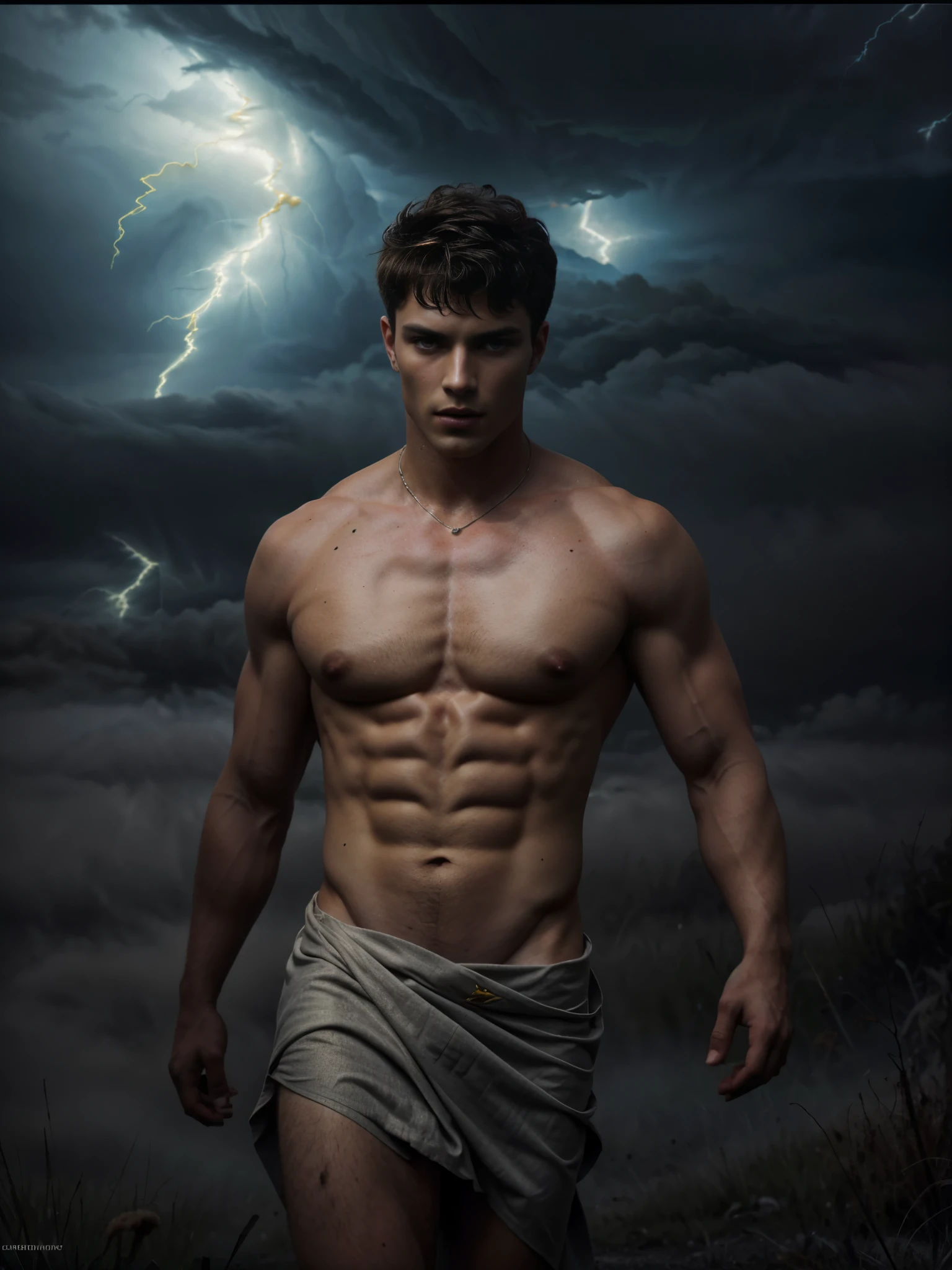 ((masterpiece)),((best quality)),8k, high detailed, ultra-detailed, Stylish Pose, real skin texture, dark cinematic lighting, 18-year-old Italian male model, (handsome italian:1.8), cute looking, divine look, powerful light blue eyes, Zeus god, god of thunder, Jupiter, godly, , bending electricity, displaying the ability to manipulate lightning, creating massive lightning, white pale skin, roman god physic, intense blue eyes, dry hair dry short brown messy hair, strong jawline, masculine, muscular, defined fit body, hairless chest, shirtless, pantless, open sea, sinister aesthetic, black storm clouds, (lightning:1.7) clouds, walking towards the camera (in the middlea thick fog:1.6), (night dark storm:1.45), barelegged, barefoot, antique linen spartan loincloth , white linen antique draped cloth skirt, chain belt,,,, dim light, dark atmosphere, cinematic lighting, Depth of field, award-winning photography, elegant, hyperrealistic, octane render, unreal, high definition, 8k resolution, highly detailed, 8k uhd, professional lighting, photon mapping, radiosity, physically-based rendering