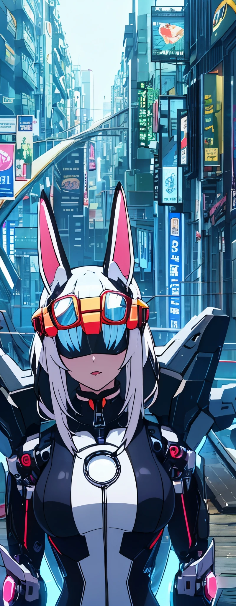 1 Girl, Skin-Tight Body-suite, (Black Body-Suite), Mecha-Cat Ears, ((wearing cybernetic Visor as Eye-Wear)), Gadgets, (bright white utopia city background with lots of Fauna), Japanese scene, fractalized, fractal_body