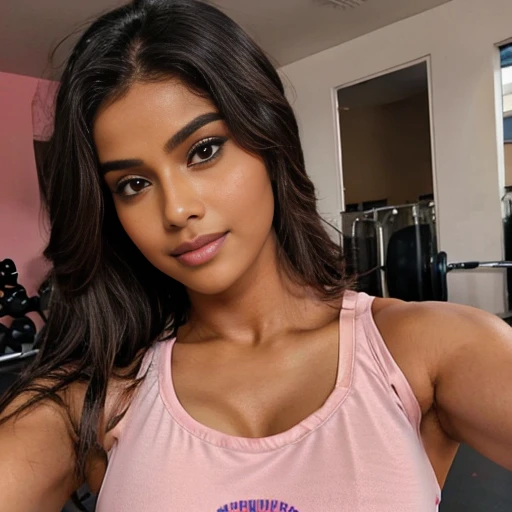 a woman taking a selfie in a gym, gym, training bra, indian girl with brown skin, in a gym, sport bra and shirt, wearing a pink cropped tank top, indian super model, wearing fitness gear, attractive sporty physique, sports bra, dayanita singh, hindi text, beautiful woman body, sport bra and shorts, wearing bra, fit curvy physique, hot, sexy