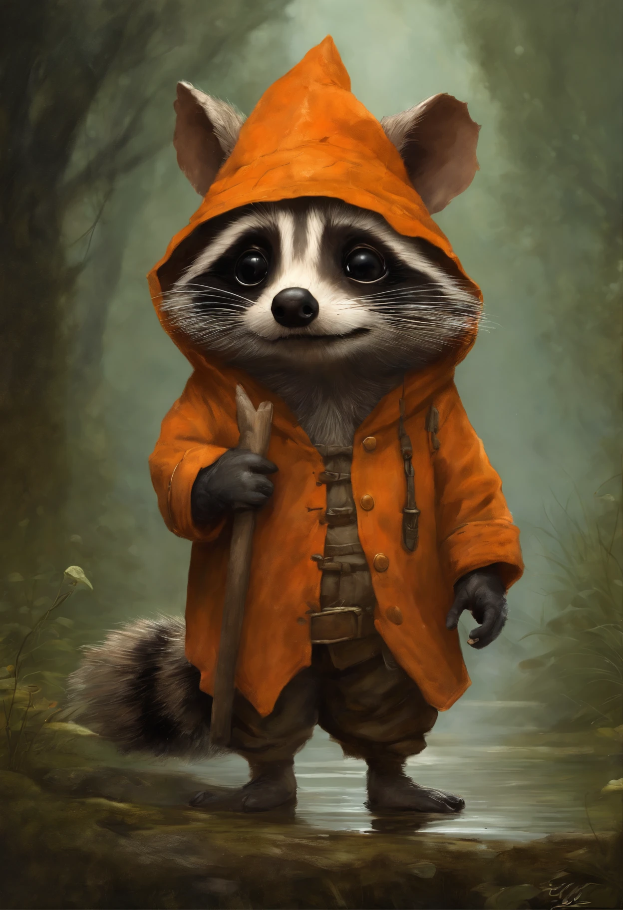 真实感, dark fantasy style, John Tolkien style, Small painting by Jean-Baptiste Monge,   photo of a raccoon in an orange jumpsuit and overalls, stuck his nose out of the hole,   puddles after recent rain, adorable digital painting, rob rey, Anthropomorphic baby raccoon, based on Jean-Leon Gerome, inspired by Johannes Helgeson, portrait of a gnome called eldon, Jean Baptiste monge, jean - baptiste monge, Brian Despin Jean-Baptiste Monge, anthropomorphic --ar 2:3 --testp -optimistic;