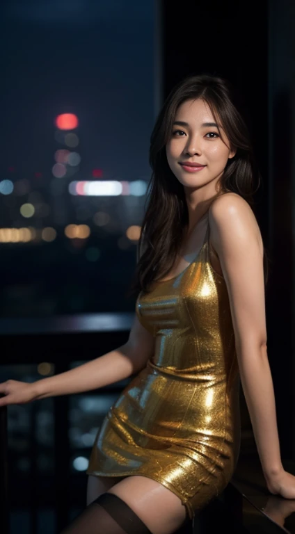 10, master-piece, RAW photo, bestquality, photorealistic portrait, extremely detailed cg unity 8k wallpaper, Depth of Field, cinematic light, lens flare, ray tracing, (Very beautiful face....... , beautiful lips, beautidul eyes), Complex face details, ((ultra-detailed skin)) 1girls, In the dark, Deep Shadows, A Beautiful Girl, (The body is very slender........ :1.3), ((looking at the audience)),(big smile:1.3), Clear eyes, Front Shot, (pale skin), (Look very far ahead........, (upper body shot), (Brown cooked for the audience........:1.3), Very thin, mediuml breasts, thick thighs, Sphincter stockings, city scape,(sexy evening dress, ), (Random environment,bar,pub,restaurant,nighttime,), (environment,In Bangkok, thailand)