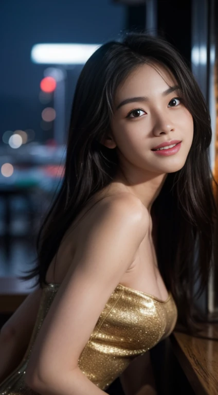 10, master-piece, RAW photo, bestquality, photorealistic portrait, extremely detailed cg unity 8k wallpaper, Depth of Field, cinematic light, lens flare, ray tracing, (Very beautiful face....... , beautiful lips, beautidul eyes), Complex face details, ((ultra-detailed skin)) 1girls, In the dark, Deep Shadows, A Beautiful Girl, (The body is very slender........ :1.3), ((looking at the audience)),(big smile:1.3), Clear eyes, Front Shot, (pale skin), (Look very far ahead........, (upper body shot), (Brown cooked for the audience........:1.3), Very thin, mediuml breasts, thick thighs, Sphincter stockings, city scape,(sexy evening dress, ), (Random environment,bar,pub,restaurant,nighttime,), (environment,In Bangkok, thailand)
