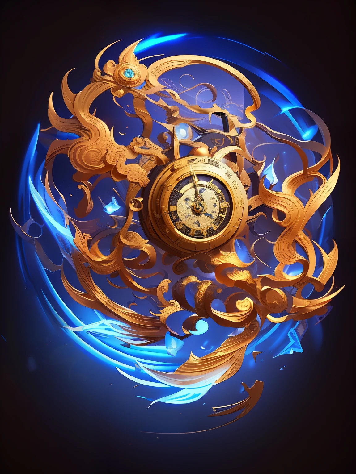 There is a clock with a swirl on the wall, Roman numeral dial,astral clockwork, A beautiful artistic illustration, 4k highly detailed digital art, stunning digital illustration, iintricate digitial painting, digitial painting | iintricate, interdimensional clockwork device, infinite space clock background, Beautiful digital artwork, The flow of time. complex shapes, iintricate ornate anime cgi style,rich details,tmasterpiece,8K,game prop,a glowing clock,Blue light flame,Surrounded by and fire,vortex,Float without gravity,Ancient Chinese Myths and Art,antique art,Background decorated with auspicious clouds and ribbons,Elegant and peaceful atmosphere,concept art illustration,Light painting rendering,Xianxia large-scale game CG scene
