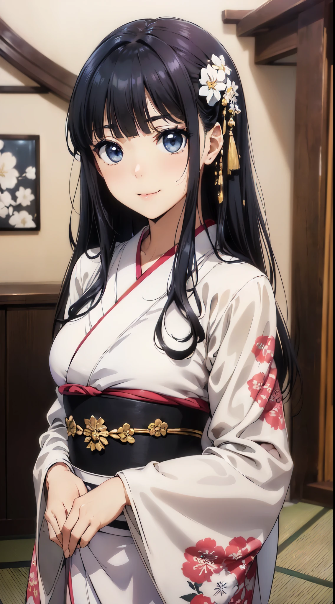 (​masterpiece:1.5),(very precise details,Ultra High Resolution:1.4),the Extremely Detailed CG Unity 8K Wallpapers,(Realistic,Photorealsitic,hyper realisitic:1.5),(Hair is medium straight:1.4),(anime eyes,shinny eyes:1.3),(Curve,Model,Farbe care:1.5),Beautiful breasts,Farbe_aberration,beautiful detailed shadow,Beautiful eyes,Beautiful body,Beautiful skin,beautifull hands,(A white long-sleeved kimono with a luxurious and mysterious floral pattern:1.5),(white and gold kimono obi:1.4),(new year shrines:1.4),plein air,shrines,(An attractive illustration of an 18-year-old young woman wearing neat Japanese clothes:1.4),(japanes:1.3),(white hair ornament:1.4),(Beautiful standing figure,standing straight,(A dark-haired,Black eye,Medium straight hair:1.4),(Tsuriformes:1.4),(Thin Eyes:1.4),Detailed long hair,with exquisite details, Highlight her curves、Leaves little to the imagination, cascading down her shoulders,(gently smiling:1.3),(A dark-haired:1.4),(Blunt bangs:1.4),(Seductive look:1.4),(Bangs are the same length:1.3),