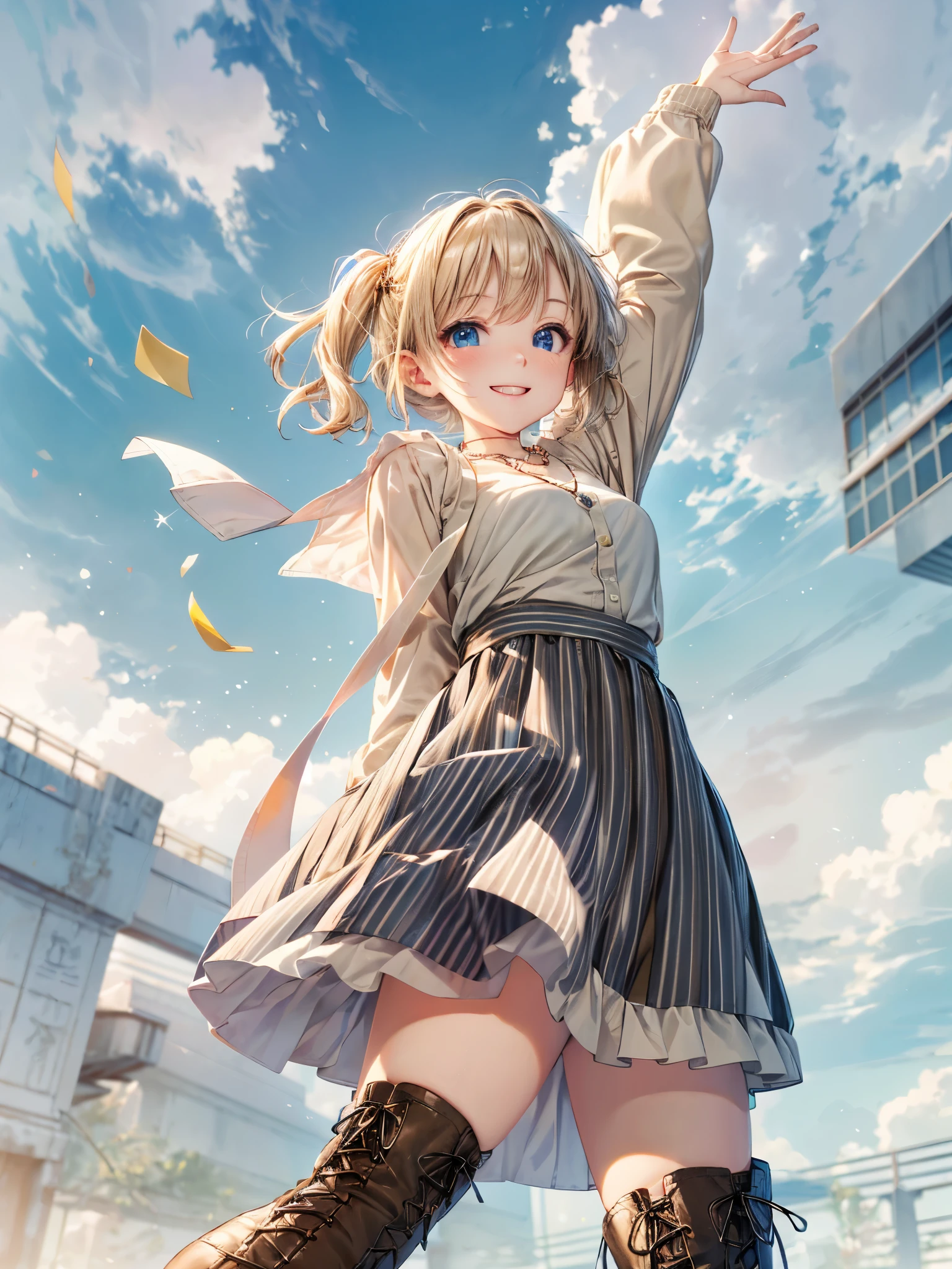 absurderes, ultra-detailliert,bright colour,extremely beautiful face and eyes,view straight on,Short hair,Blonde hair with short twin tails,Shiny hair,Delicate beautiful face, red blush,(Deep Blue Eyes:1.2),hair clips,a necklace,(White horizontal striped shirt),(Happy smile:1.4),(Khaki Long Skirt:1.3),Beautiful cloud,(Black boots),Dusk sky,
