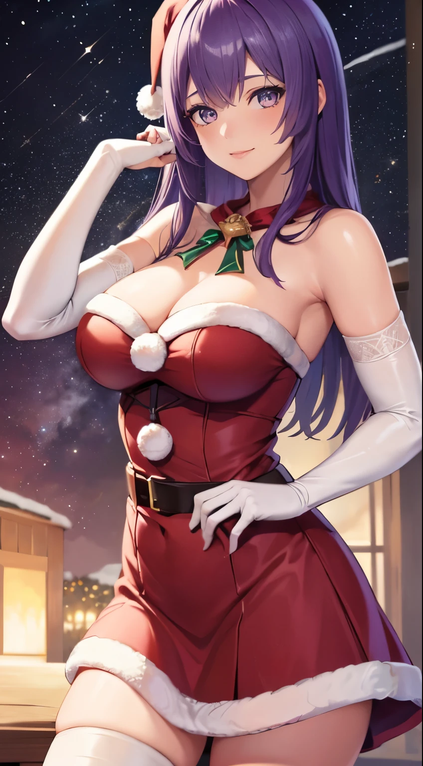 1girl, solo, masterpiece, best quality, high res, highly detailed, (illustration), beautiful detailed eyes, warBernie, purple hair ,glossy lips, light makeup, light smile, long white satin elbow gloves ,cowboy shot, (santa), red santa dress