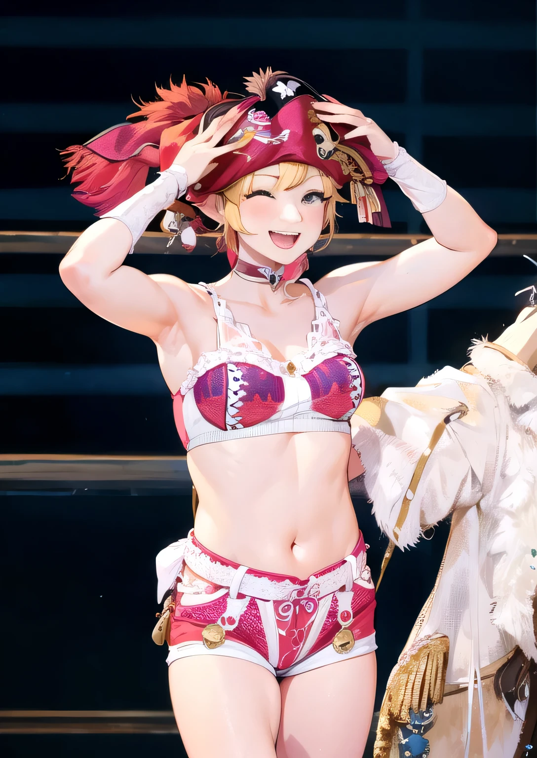 top-quality、Happy woman wearing a pirate hat、a blond、small tits