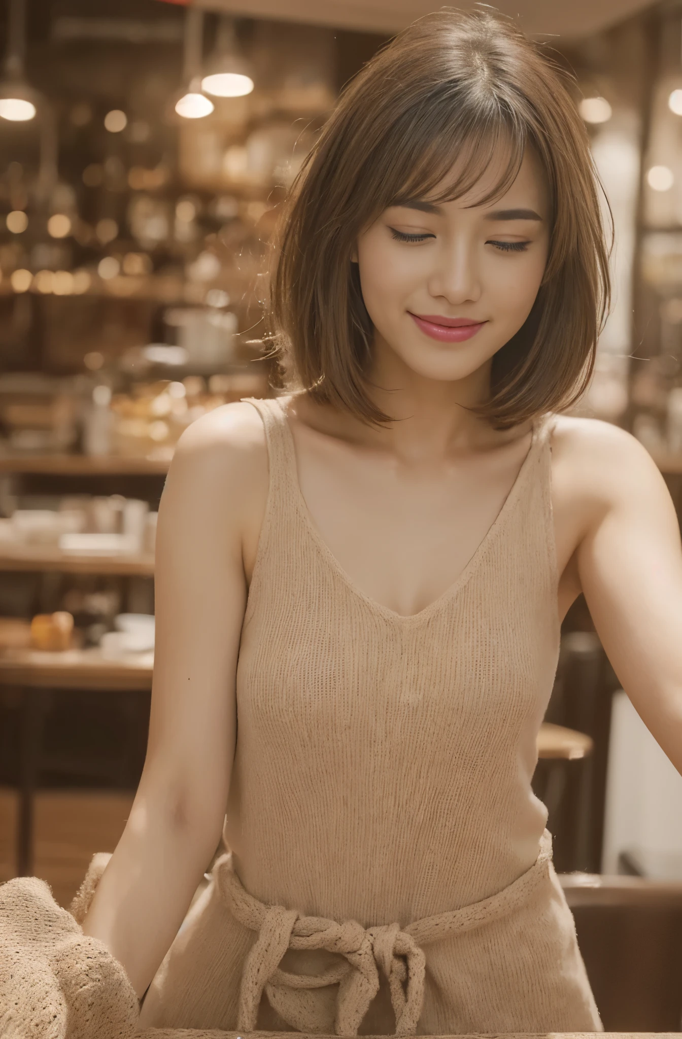 ((Top Quality, 8K, Masterpiece: 1.3)), Selfie, Focus: 1.2, Perfect Body Beauty: 1.4, Buttocks: 1.2, (Layered Haircut: 1.2)), (Cafe: 1.3), One Piece: 1.1, Highly Detailed Face and Skin Texture, light tan Skin, (((black_hair))), Medium Hair, Smile, (((Closed Eyes)))