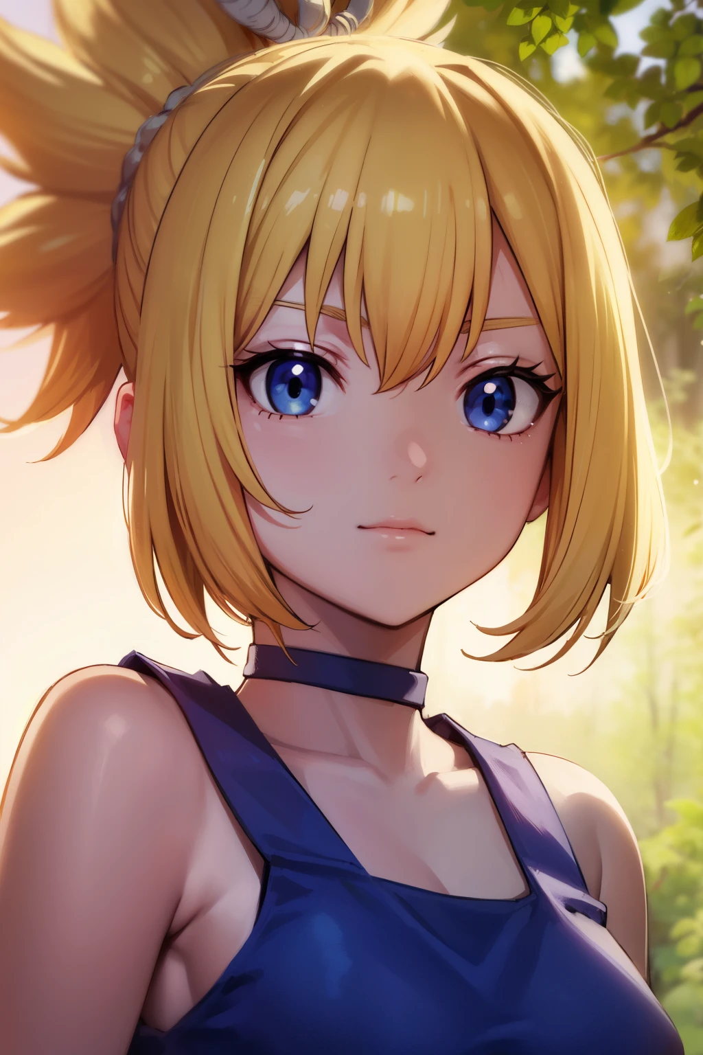 kohaku, kohaku, Blonde hair, Blue eyes, Hair Ornament, Ponytail, (1girll:1.3)
BREAK bare shoulders, Blue Dress, Choker, Dress, noose, rope belt, Sleeveless, Sleeveless dress, The hem is falling apart, (Face:1.3),
BREAK outdoors, skyporn, forest, Nature,
BREAK (masutepiece:1.2), Best Quality, High resolution, Unity 8k壁纸, (Illustration:0.8), (Beautiful detailed eyes:1.6), extra detailed Face, Perfect Lighting, extremely details CG, (Perfect hands, Perfect Anatomy), Smile innocently,